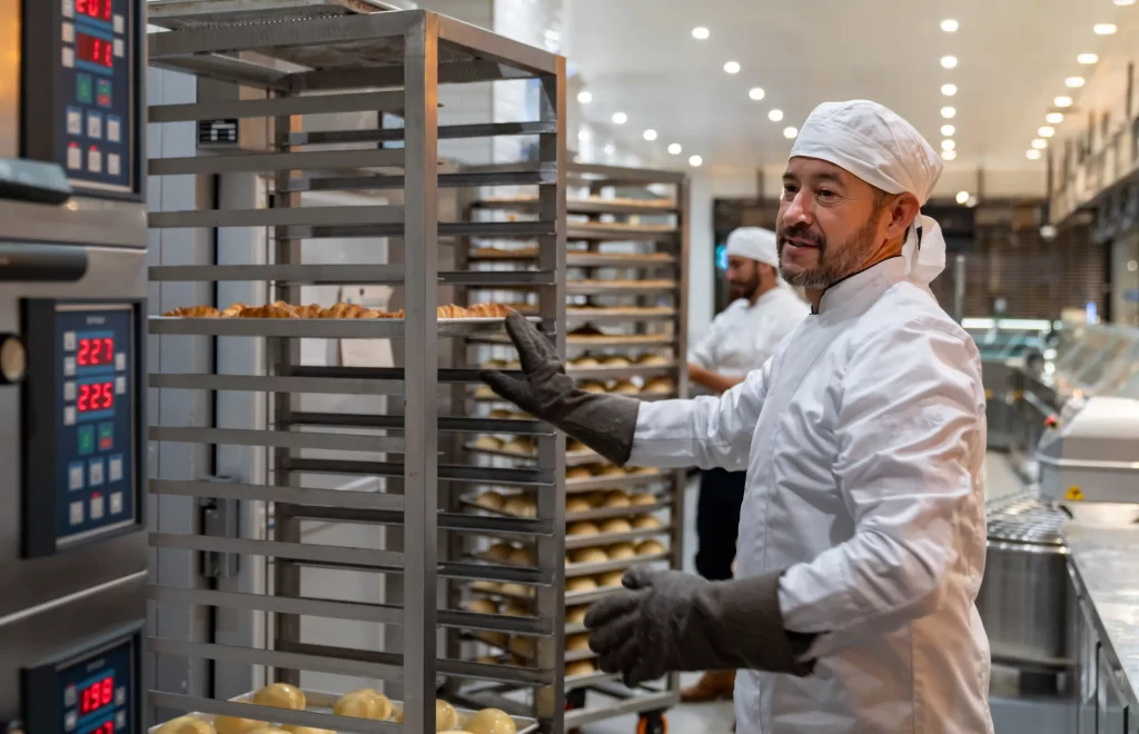 Baker using stainless-steel bakery rack in commercial kitchen | Schaumburg Specialties