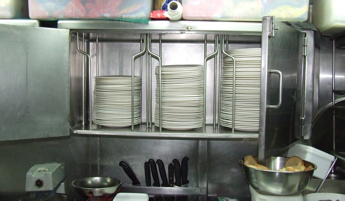 racks and shelves with dirty plates