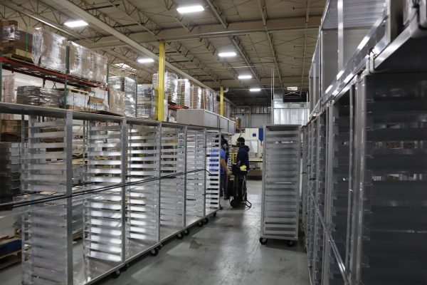 Industrial bakery racks in warehouse