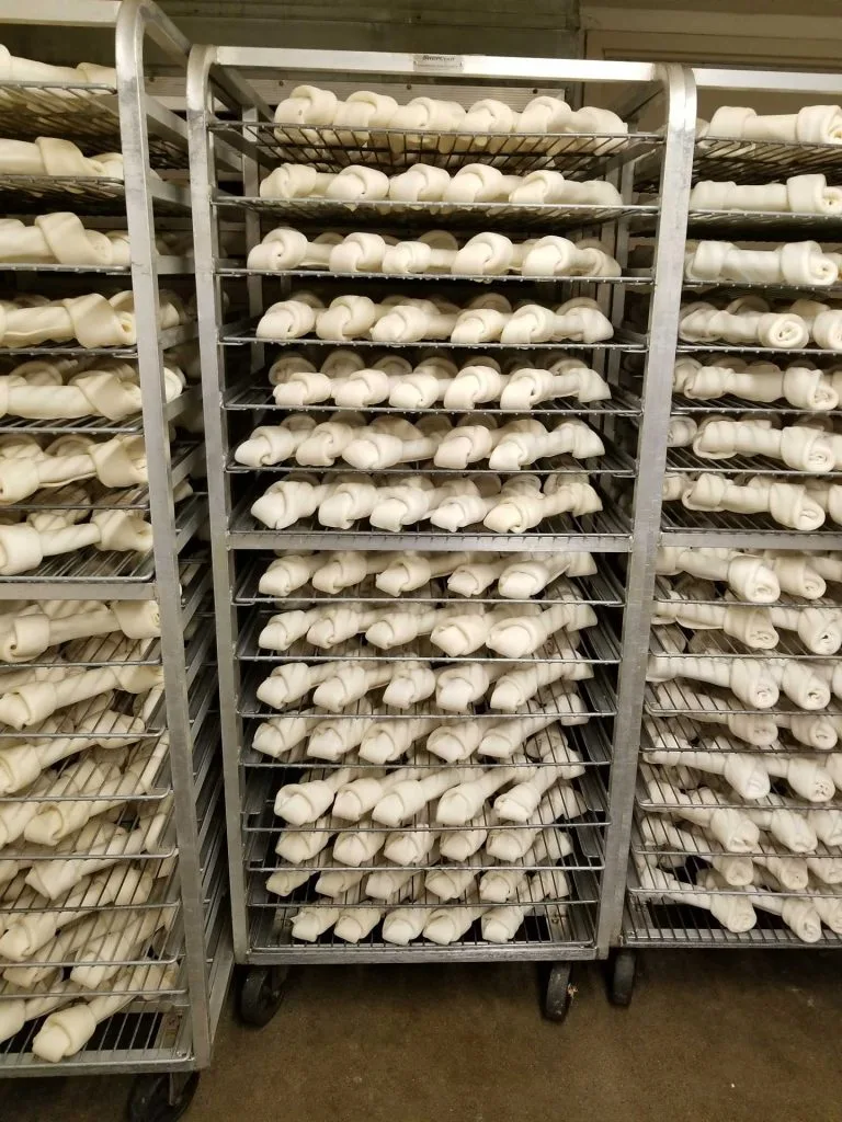 food production racks with food on them
