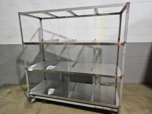 custom steel food storage rack with plexiglass dividers