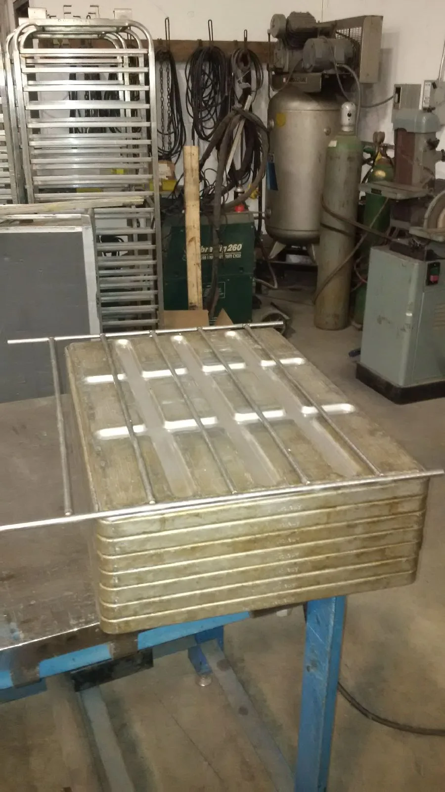 Pans on wire shelves